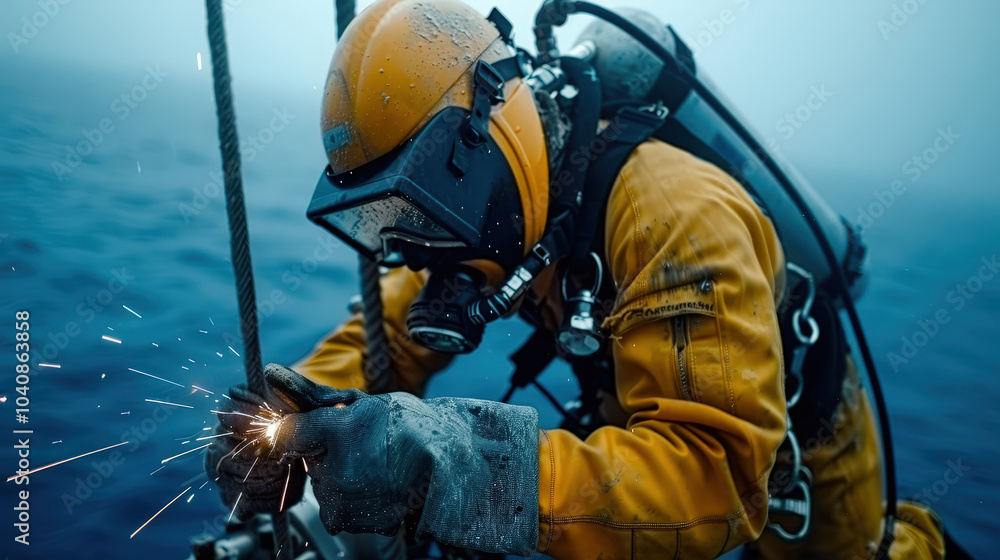 Poster diver welding on underwater pipeline, showcasing skill and precision in challenging environment. sce
