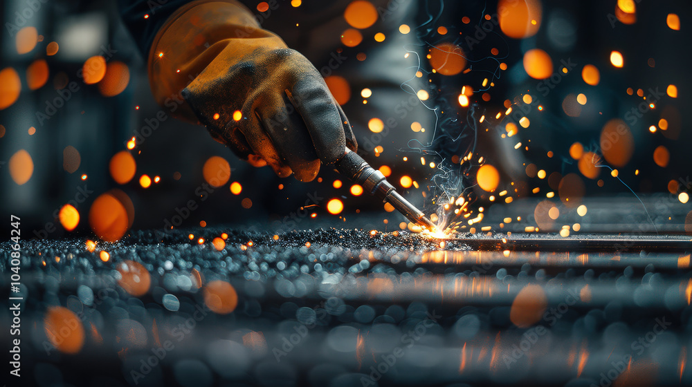 Poster welding sparks fly as skilled worker uses torch to join metal pieces, creating mesmerizing display o