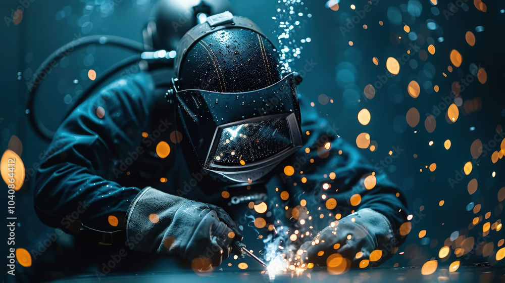 Poster underwater diver welding steel plates together, creating sparks and bubbles in mesmerizing display o