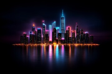 Fototapeta premium Futuristic city illuminated by soft pastel neon lights, with skyscrapers glowing gently against a night sky, symbolizing the futureâ€™s calm triumph of light