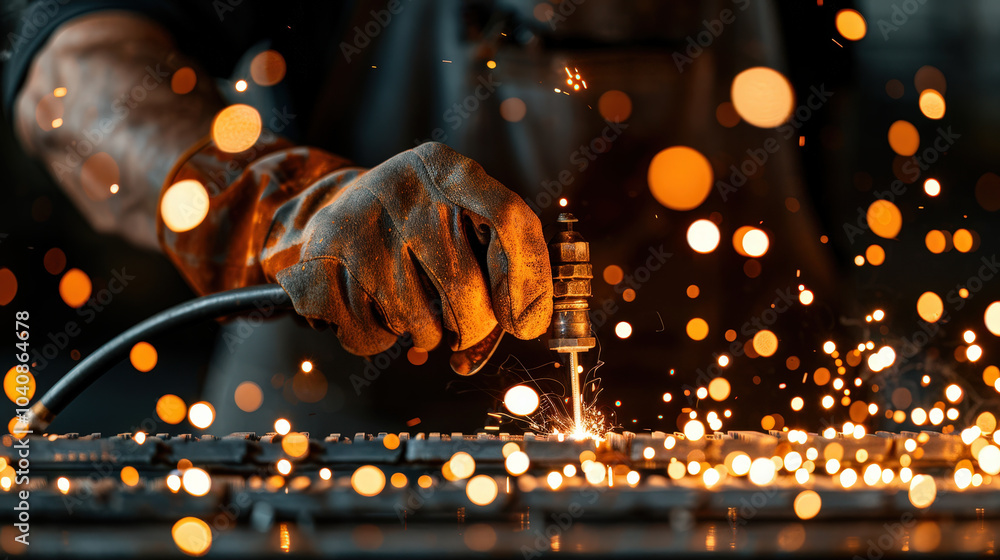 Poster welding sparks illuminate workspace as skilled worker uses welding torch, showcasing precision and c