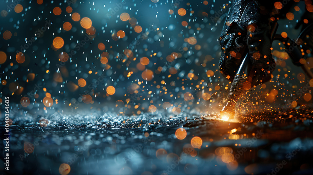 Poster underwater welding creates mesmerizing display of sparks and droplets, showcasing skill and precisio