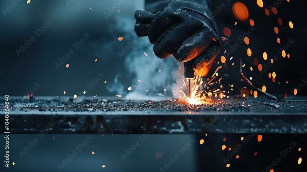 Poster welding sparks fly as skilled worker uses welding tool on steel surface, creating dynamic display of