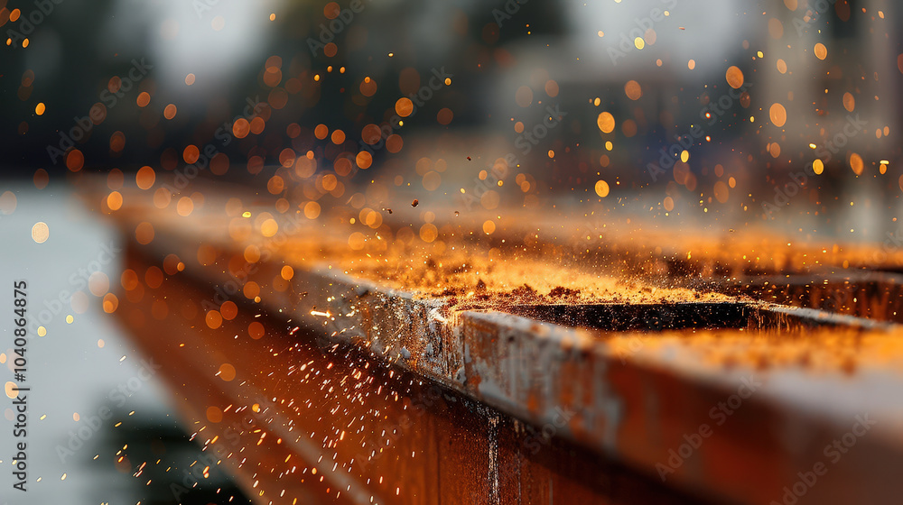 Poster rust particles and sparks fly from steel surface, creating dynamic and vibrant scene. blurred backgr