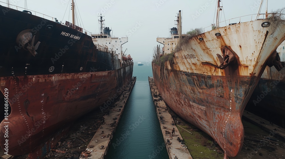 Wall mural two old ships are sitting in a canal, one of which is named 