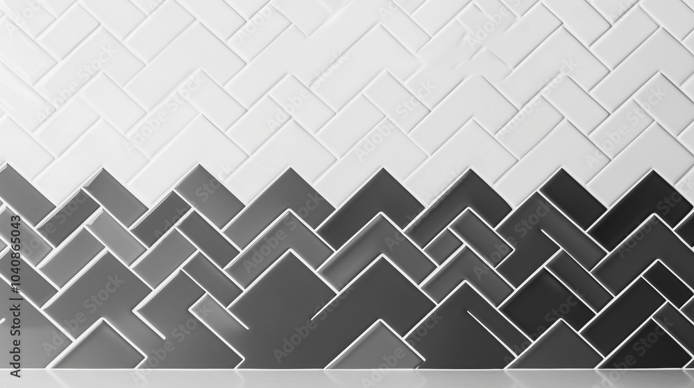 Poster white and black tile wall with a black and white pattern. the tiles are arranged in a zigzag pattern
