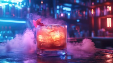 A neon-lit cocktail in a sleek futuristic bar, vibrant colors glowing amid swirling smoke, creating a dynamic cyberpunk atmosphere with holographic designs