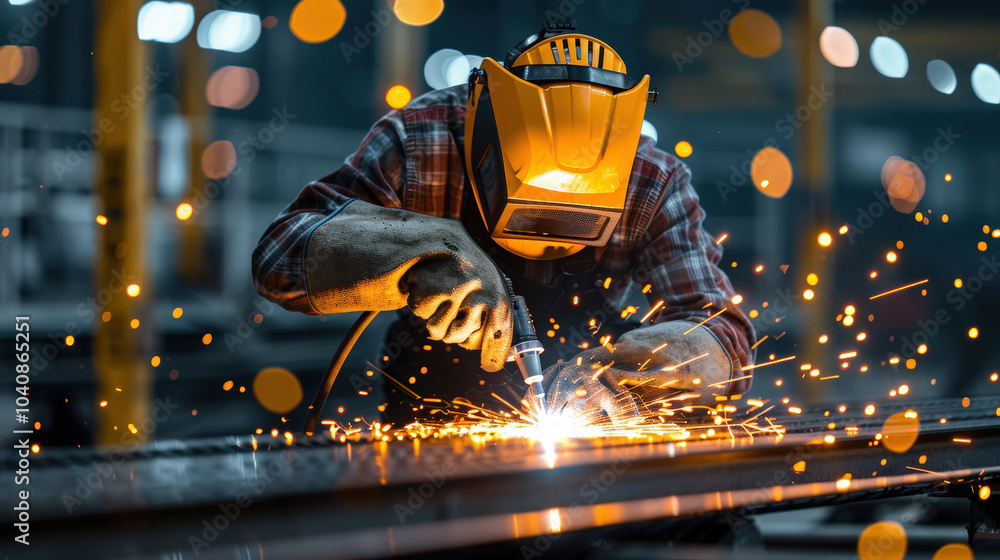 Poster welding sparks fly as skilled worker uses welding torch in workshop, showcasing precision and crafts