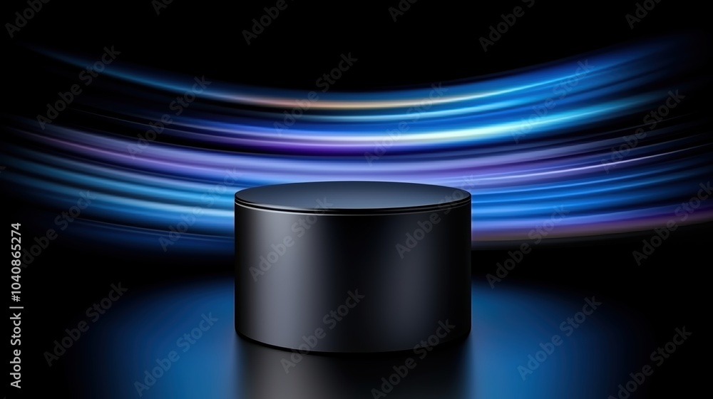 Poster black object is sitting on a blue background. the object is round and has a shiny surface. the blue 