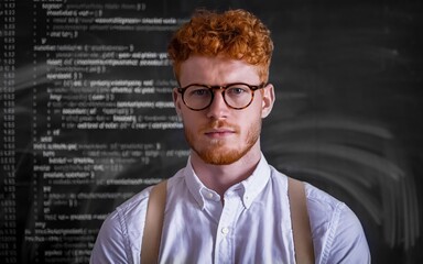 Obraz premium young man with striking, curly ginger hair and a well-trimmed beard.