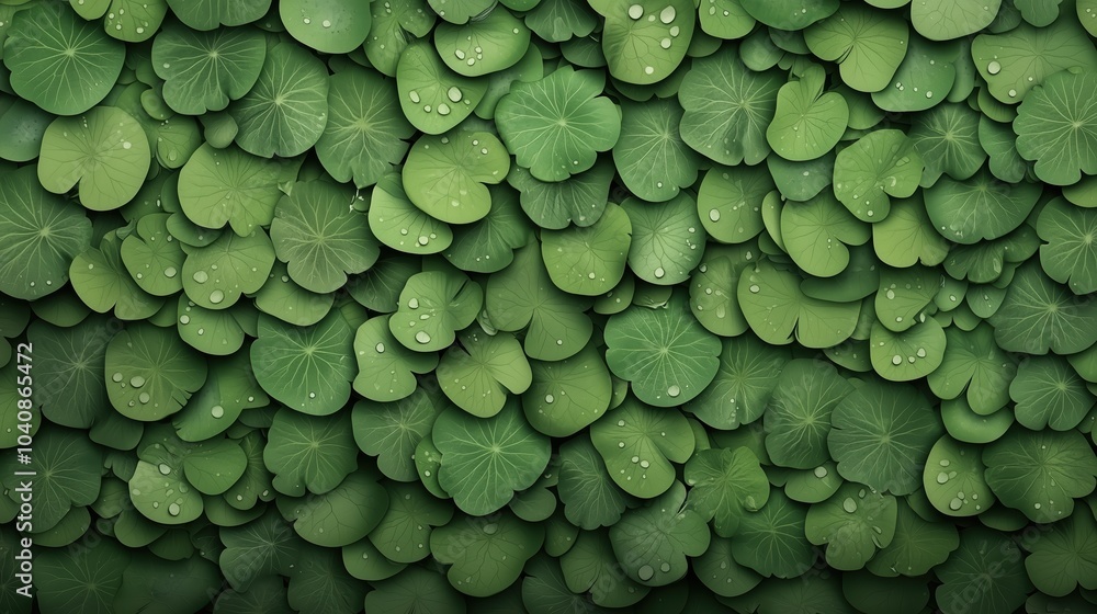 Poster close up of green leaves with water droplets on them. the leaves are arranged in a way that creates 
