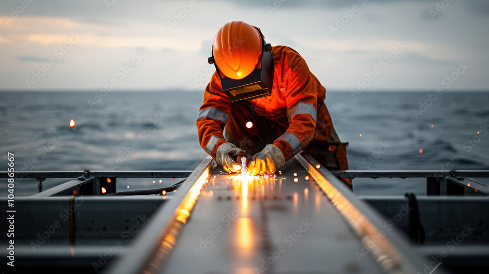 Poster underwater welding involves diver working meticulously on steel beams, creating sparks that illumina
