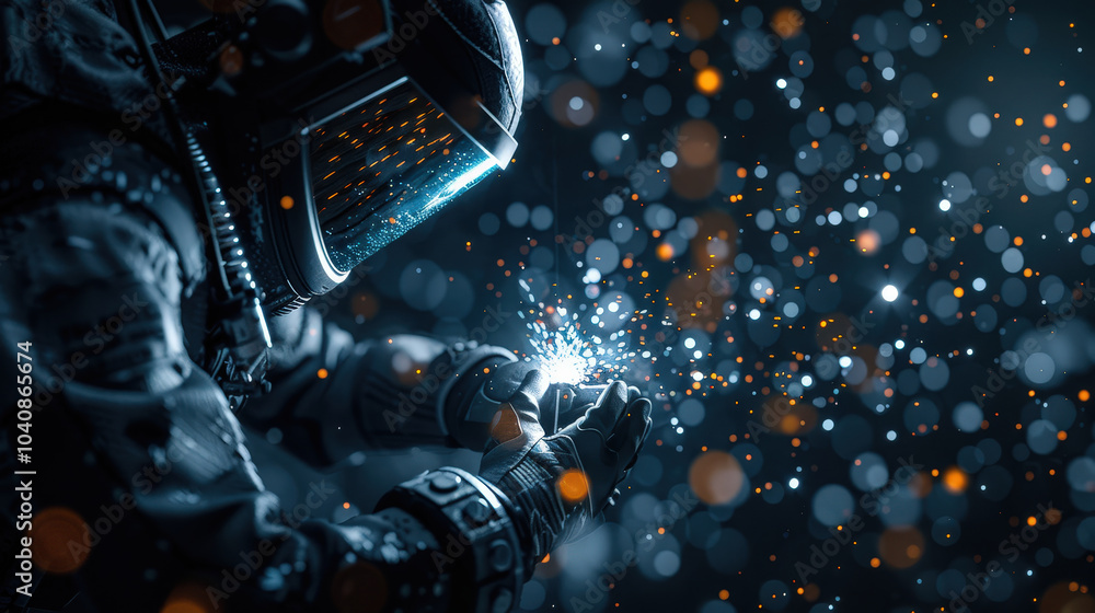 Aufkleber astronaut is welding in cosmic environment, creating bright sparks amidst backdrop of colorful bokeh