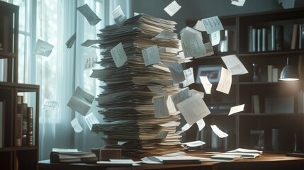 A scene of organized chaos featuring a tall stack of documents on a modern desk, captured with papers in mid-air under soft ambient lighting and a muted palette
