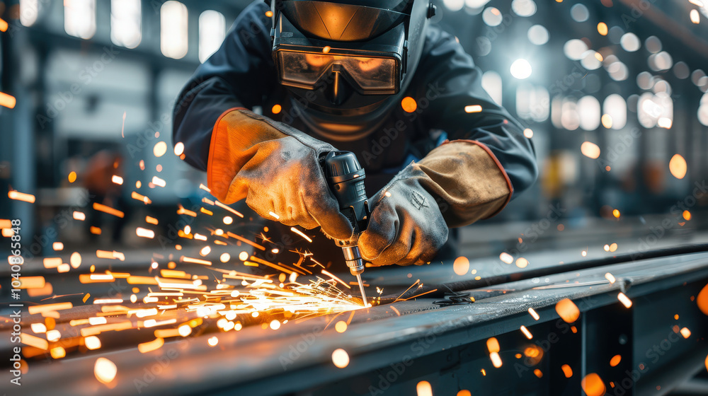 Aufkleber skilled worker is using power tool to cut metal, creating sparks in workshop environment. scene capt