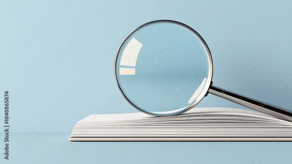 Poster magnifying glass is on top of a book. the book is open to a page with a word on it. the magnifying g