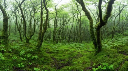 Obraz premium Lush green forest with moss growing on the trees. The forest is full of life and he is a peaceful and serene place