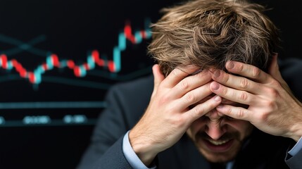 Man is looking at a graph and is shaking his head. The man is wearing a suit and tie