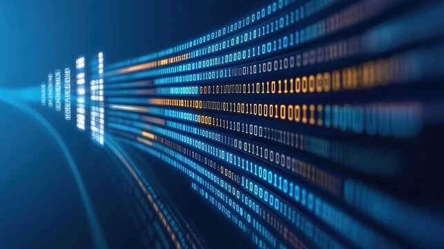 Long line of binary code is displayed in a blue and orange color scheme. Concept of technology and complexity, as the binary code represents the fundamental building blocks of digital information