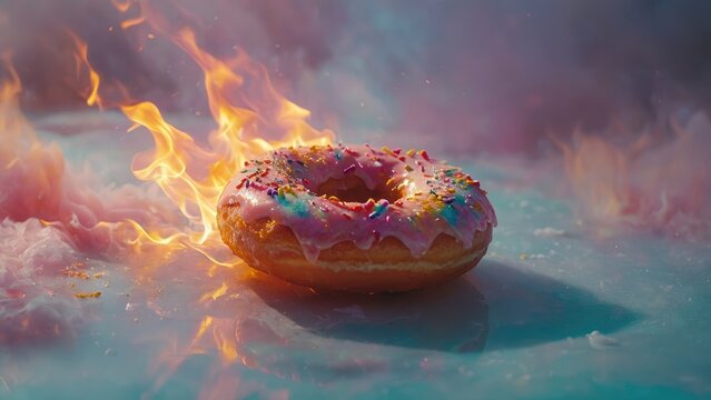 Stunning Colorful Donut on Fire Surrounded by Bright Cotton Candy for Food Lovers