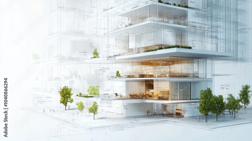 Poster modern architectural design showcasing layered structures and greenery.
