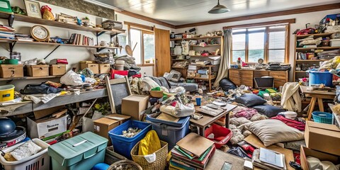 Messy hoarder house with piles of belongings , clutter, chaos, disorganization, hoarding, mess, cluttered