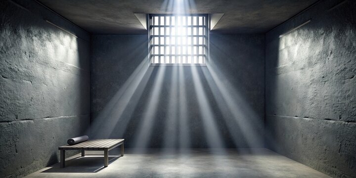 Gloomy prison cell with a single beam of light shining through a small window, solitude, confinement, darkness, incarceration