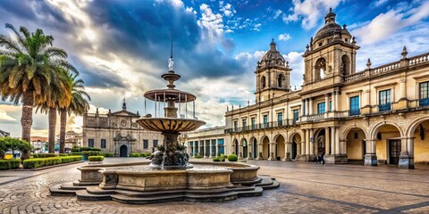 Fototapeta premium Historic plaza in Guatemala City with colonial architecture and fountain, Guatemala, Plaza de la Constitucion