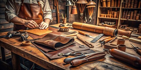 Workshop scenes of authentic leather crafting , leather, tools, handmade, craft, artisan, workshop, workspace, creative