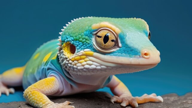Close up photo of a stunning colorful gecko on a vibrant blue background for artistic projects