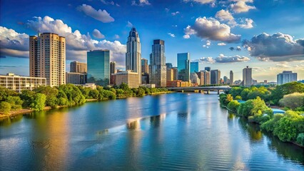 Fototapeta premium Scenic view of Colorado River with downtown Austin in the background, Austin, Texas, USA, cityscape, skyline, river