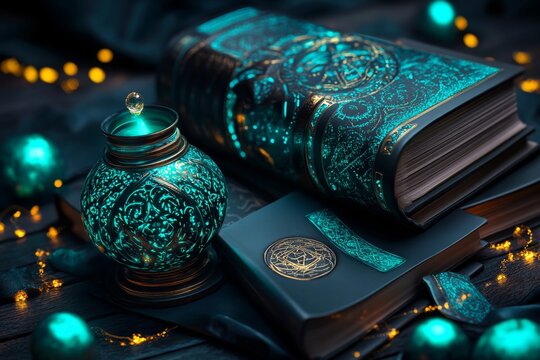 Illustrated Hermetic symbols floating in a magical library, with books, scrolls, and glowing orbs surrounding the scene, capturing the mystical energy of ancient wisdom