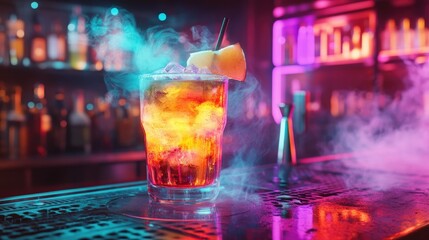 A vibrant neon-lit cocktail sitting on a futuristic bar, glowing with vivid colors, surrounded by smoke tendrils and cyberpunk aesthetics with holographic elements