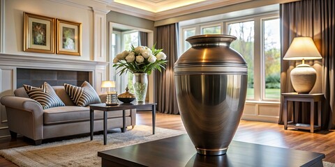 Cremation urn for ashes displayed in a luxurious home interior setting, cremation, urn, ashes, funeral, memorial