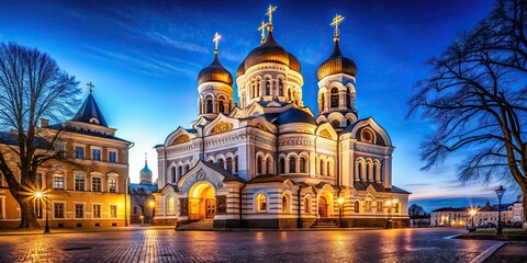 Fototapeta premium Night view of the iconic Alexander Nevsky Cathedral in Tallinn, Estonia , Alexander Nevsky Cathedral, Tallinn