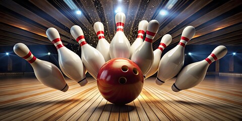 Bowling ball crashing into pins in bowling alley, Strike, Impact, Sport, Recreation, Bowling, Alley, Pins, Bowling ball, Competition