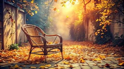 Hazy autumn courtyard scene with fallen leaves, rattan chair, and sunlight contrast film style , autumn