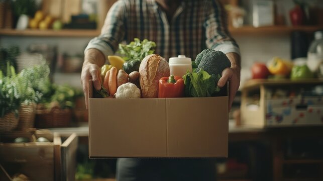 Person holding a cardboard box full of fresh produce and bread.