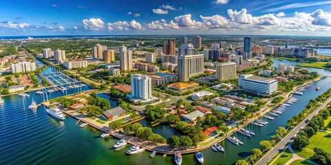 Fototapeta premium Panoramic aerial view of St Petersburg, Florida cityscape, St Petersburg, Florida, aerial view, cityscape, skyline
