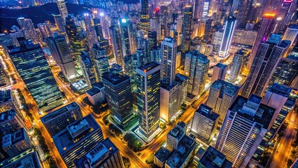 Obraz premium Aerial view of Hong Kong corporate buildings and streets at night, Hong Kong, city, urban, aerial, top view, skyline, cityscape