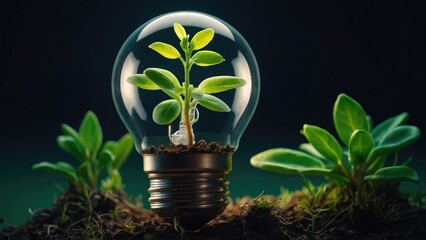 Illuminated Light Bulb with a Thriving Plant Inside Against a Dark Background Symbolizing Growth