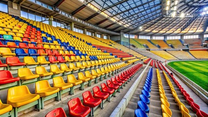 Fototapeta premium Seats in the stands of a soccer stadium in Bucharest , Steaua, Bucharest, stadium, seats, rows, empty, sports