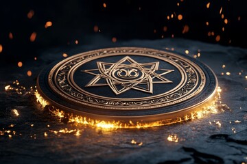 Minimalist golden alchemical symbol, with clean lines representing transformation and balance, glowing softly against a black background