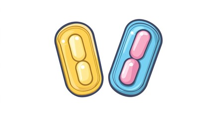 Cartoon Vector Icons of Two Birth Control Pills and Condom Method: A Fun and Informative Illustration Highlighting Contraceptive Options for Family Planning and Sexual Health Education