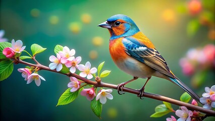 Obraz premium A Vibrant Songbird Perched on a Branch Adorned with Delicate Pink Blossoms, Capturing the Essence of Spring's Arrival