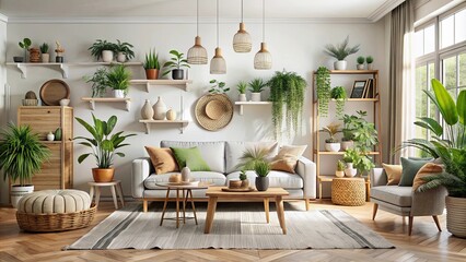Living room with furniture and plants in scandinavian boho style, living room, furniture, vase, plants, table, scandinavian