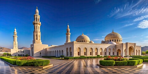 Obraz premium Panoramic view of Sultan Qaboos Grand Mosque in Muscat, Oman , Oman, Muscat, Sultan Qaboos Grand Mosque, architecture, Islamic