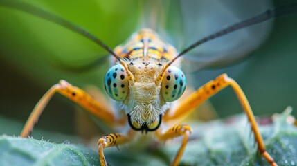 Fototapeta premium Closer look at a jewel beetle with vibrant green and yellow markings against a softly blurred backgr