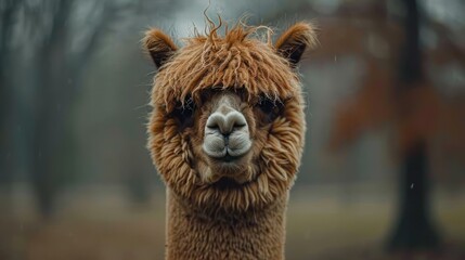 Obraz premium Fluffy alpaca with a happy face peeking out from behind tree branches.