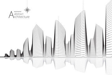 3D illustration, abstract modern urban landscape line drawing, imaginative architecture building construction perspective design.
